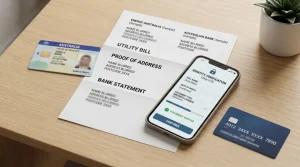 Account verification scene with an identity card, address document and secure device screen