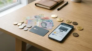 Bank card, digital wallet and cryptocurrency symbols arranged beside an Australian dollar note