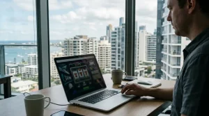 Australian coastal city skyline beside a laptop displaying a generic casino interface