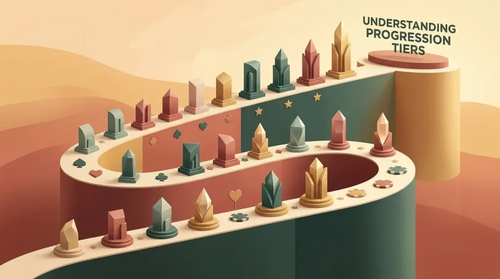 Tiered rewards progression scene with twenty ascending markers and neutral casino symbols