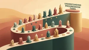 Tiered rewards progression scene with twenty ascending markers and neutral casino symbols