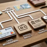Payment card, digital wallet and cryptocurrency symbols connected by a staged cashout flow