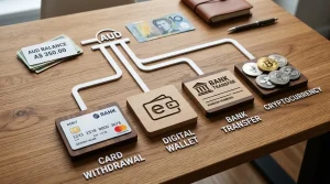 Payment card, digital wallet and cryptocurrency symbols connected by a staged cashout flow